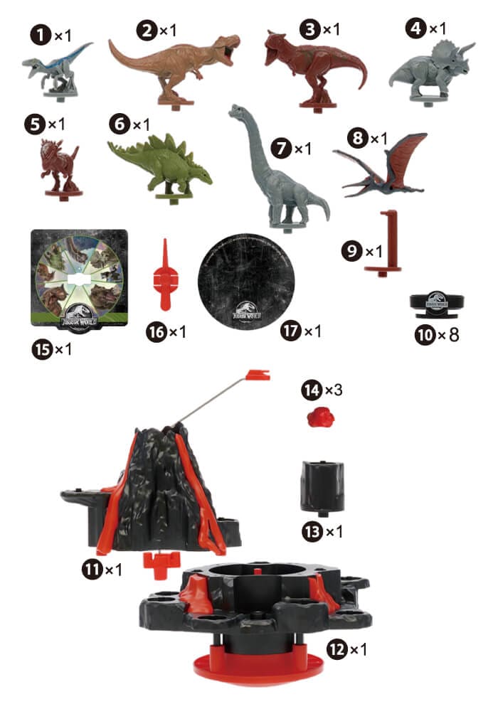 Unidade principal do Jurassic World Shaky Volcano (parte superior da gaiola, mostrador), boneco de dinossauro, corrente, cartão de dinossauro x12