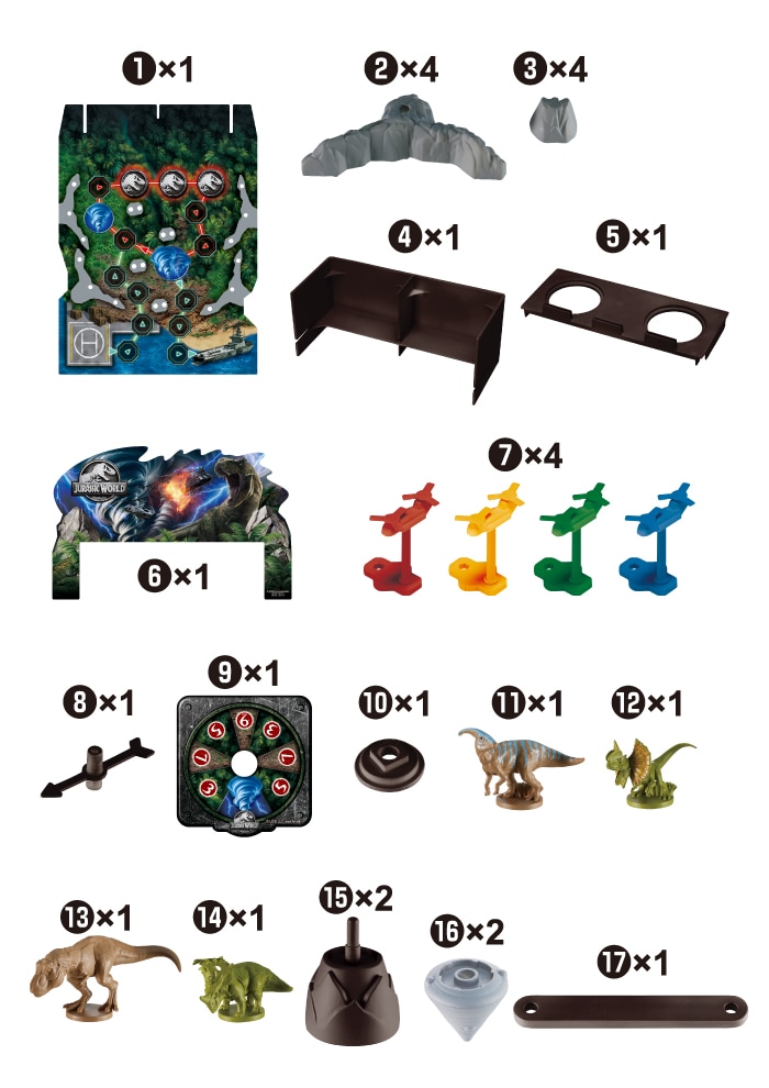 4 figurines 3D de dinosaures à collectionner, 8 figurines 2D, 4 pions hélicoptères, 1 plateau de jeu, 1 zones de sauvetage des dinosaures, 1 roulette, 2 planches de soutien, 10 obstacles, 4 murs et 2 toupies tornades.