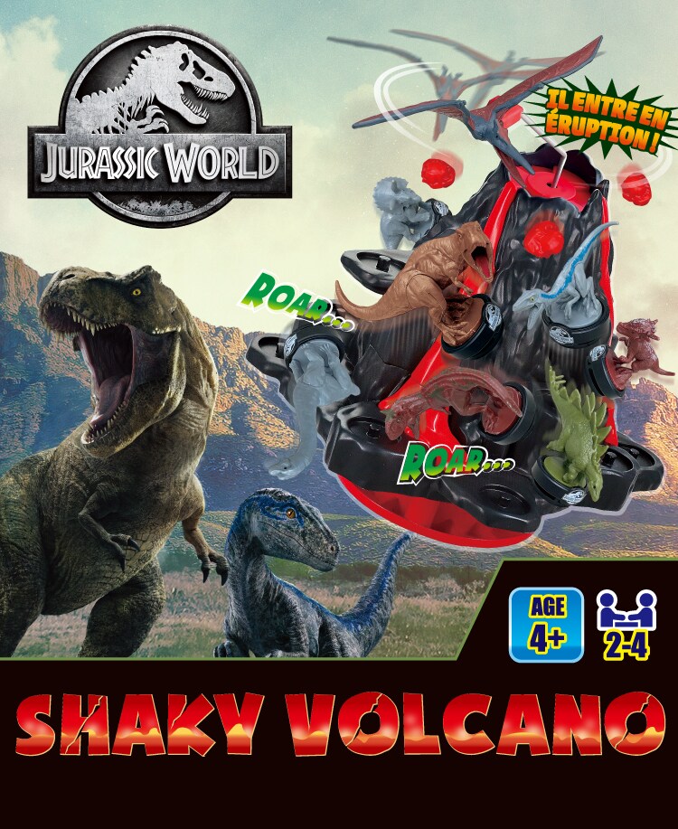 Shaky Volcano Jurassic World T. Rex, Blue, Carnotaurus, Triceratops, Stygimoloch, Stegosaurus, Brachiosaurus, Pteranodon.